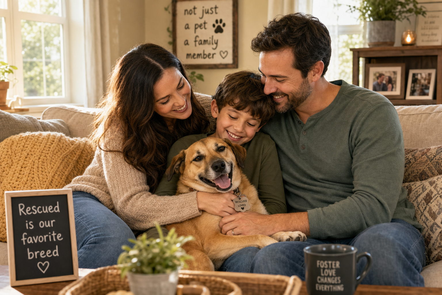 A happy family snuggling with their rescued dog on a couch