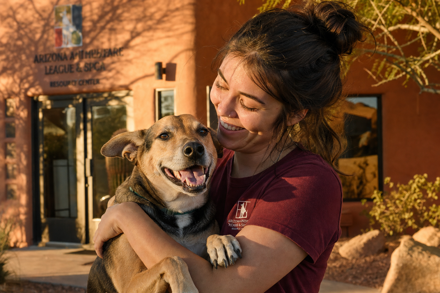 A happy rescue dog in comfortable boarding facilities