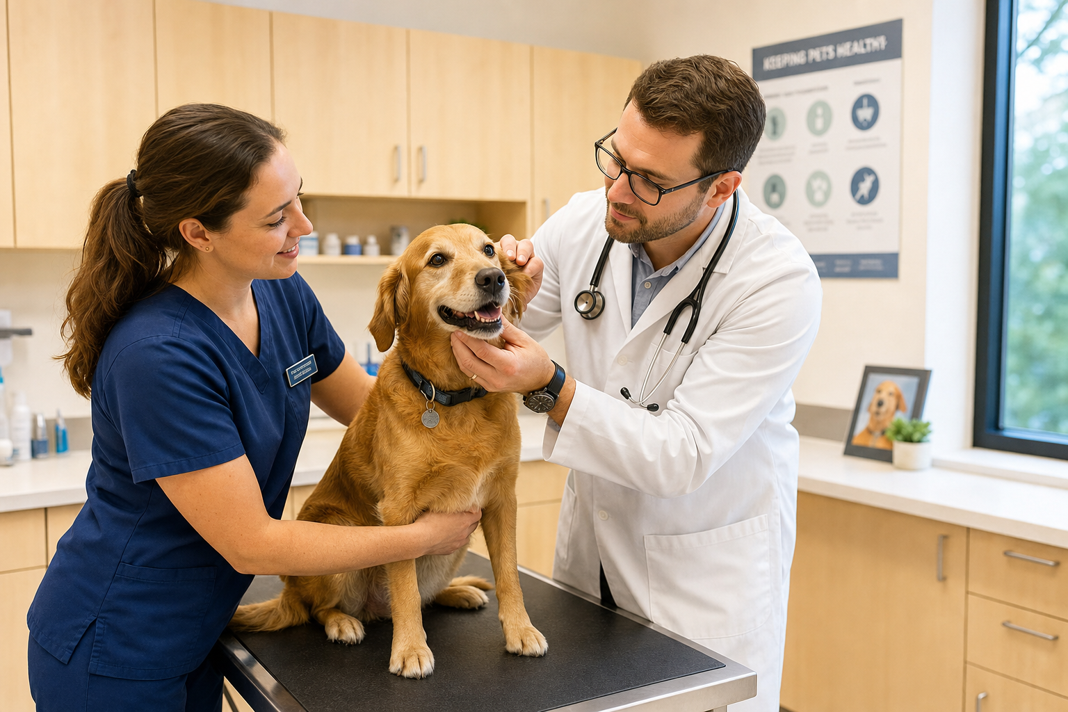 Veterinarian and tech caring for a golden dog in a bright clinic